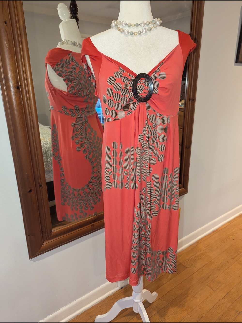 Donna Morgan Red Coral Dress with Gray Geometric Print